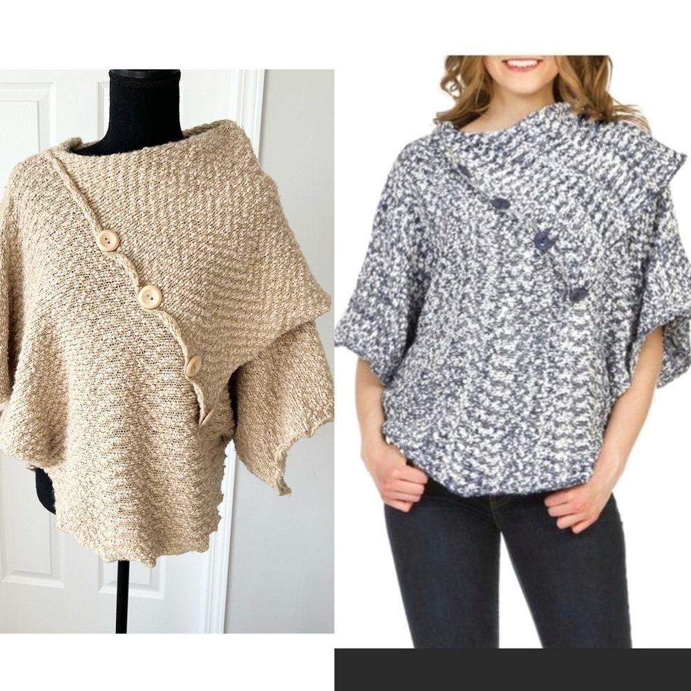 Papillon Soft Fuzzy  Drape Collar Poncho Knit Cape in Tan